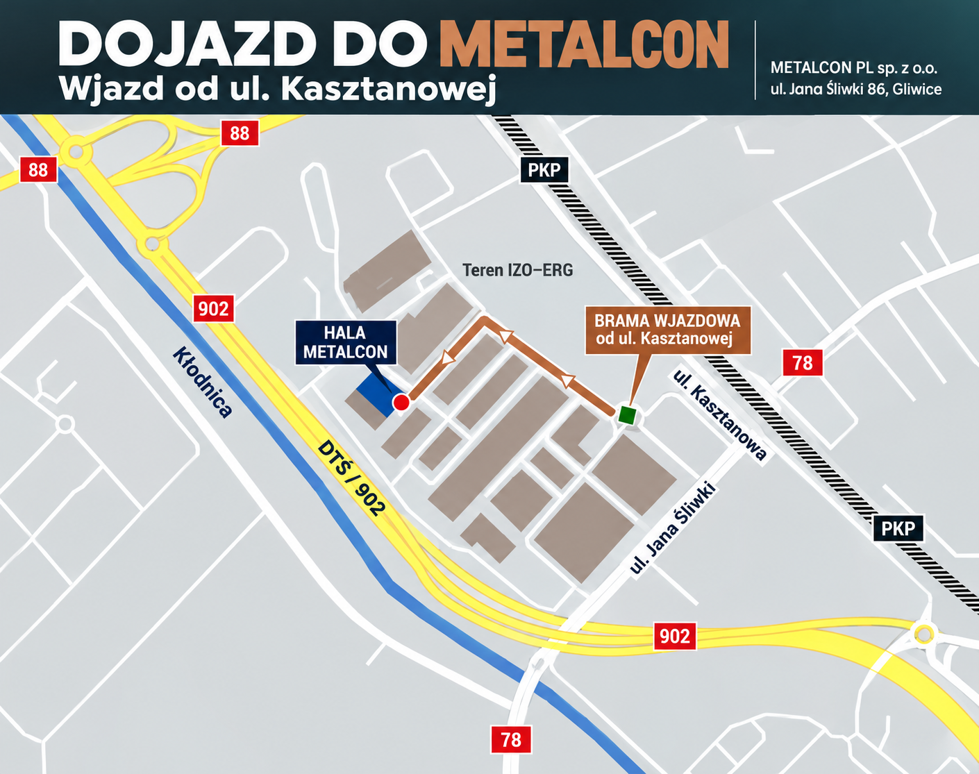 Mapa dojazdu do METALCON: brama od ul. Kasztanowej i trasa przez teren IZO–ERG do hali