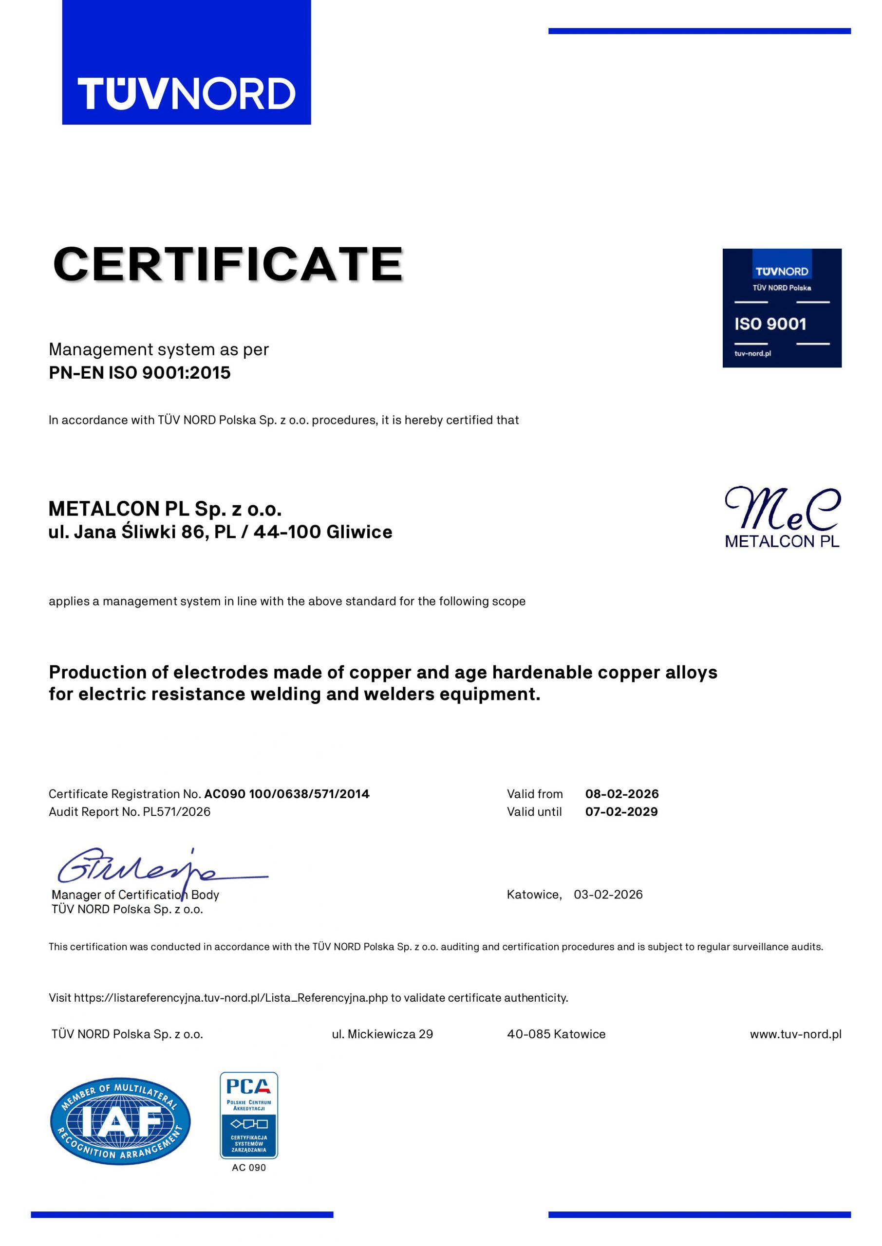 ISO 9001-Zertifikat — Englisch
